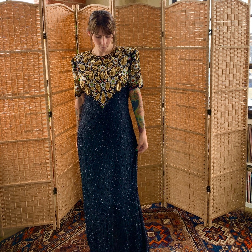 Vintage 80s 90s Silk Beaded Sequin Cocktail dress